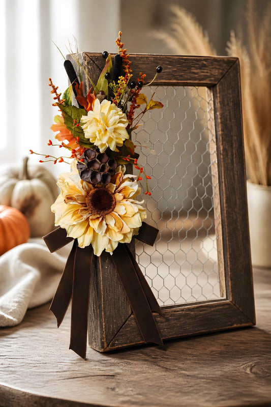 Vintage Farmhouse Picture Frame Floral Accent | Handmade Fall Sunflower Wall Decor | Rustic Autumn Floral with Wired Bow