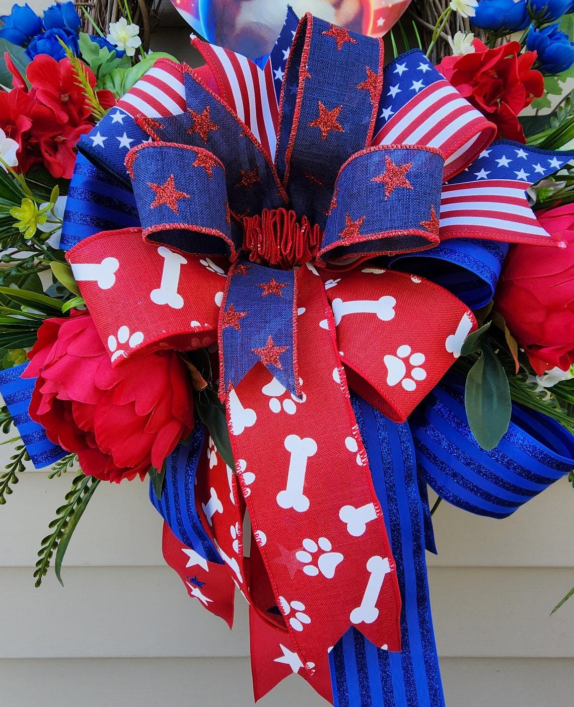 Patriotic Pittie Wreath American Flag Pit Bull Swag with FREE Matching Mailbox Bow