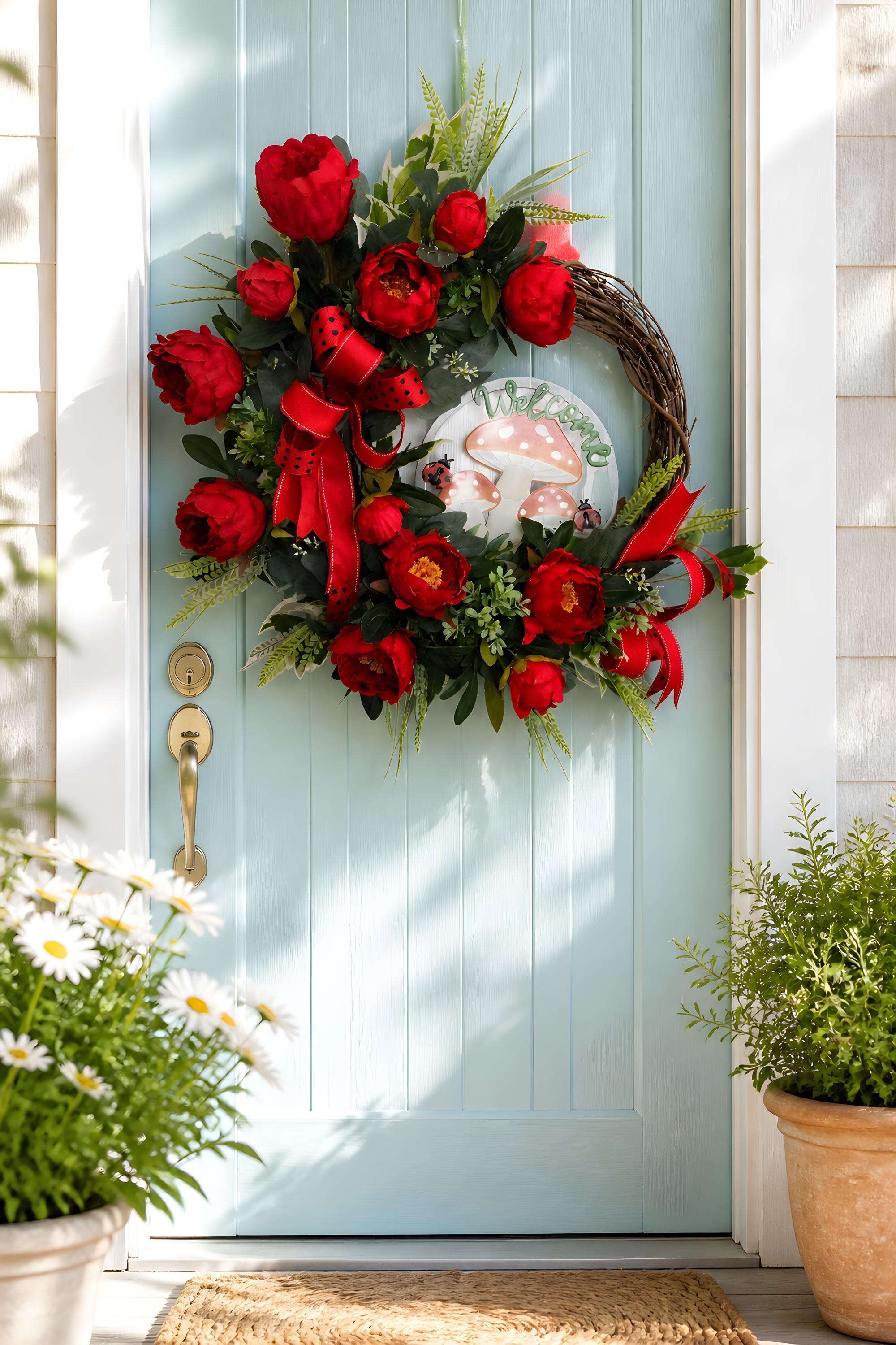 Red Peonies and Ladybugs Wreath