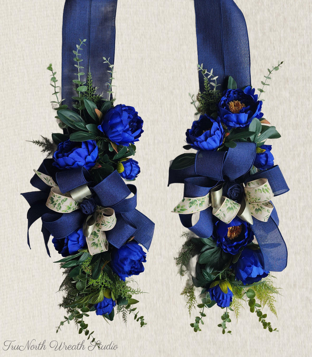 Navy Blue Floral Swag, Moody Entryway Door Decor, Midnight Bloom Edition