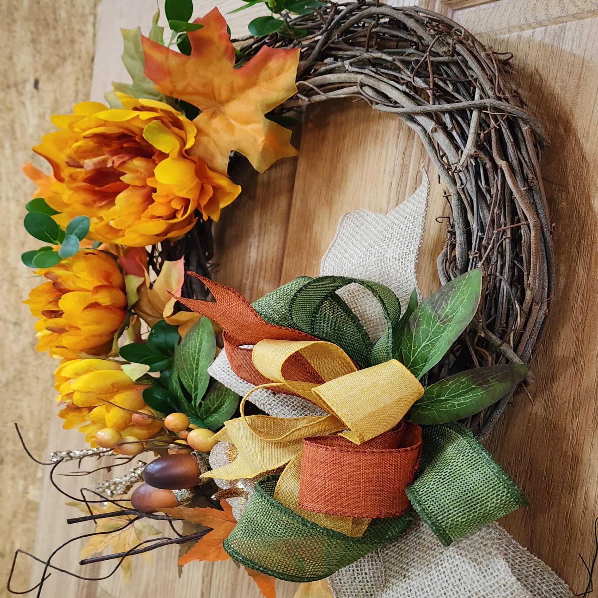 Fall Grapevine Wreath Orange Peonies Maple Leaves Bow Thanksgiving Door Decor