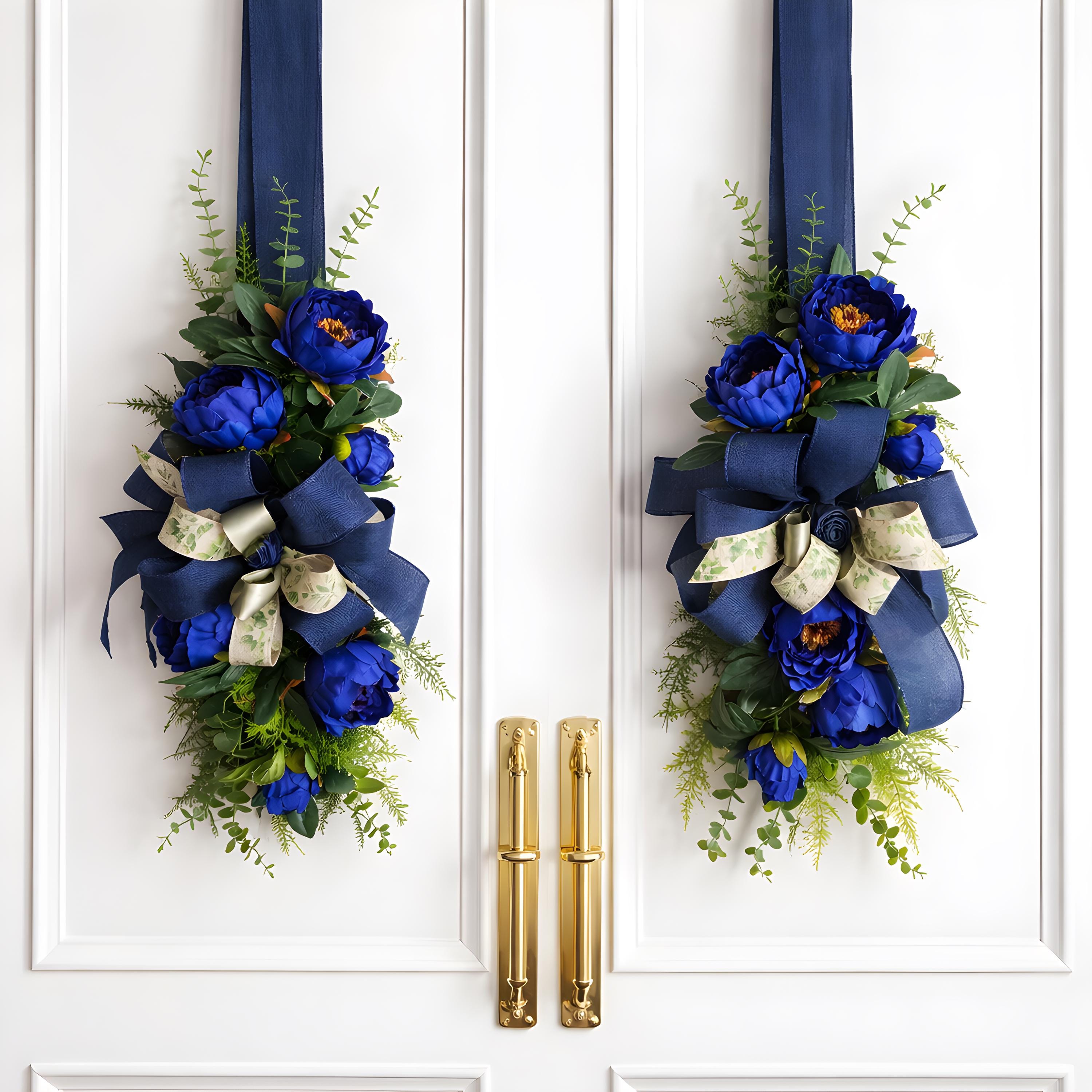 Navy Blue Floral Swag, Moody Entryway Door Decor, Midnight Bloom Edition