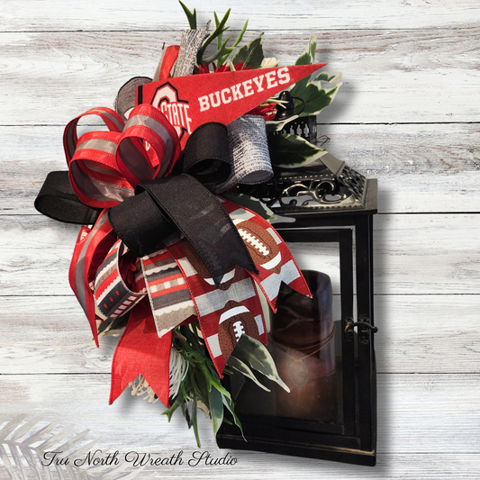 Scarlet & Gray Football Lantern Topper | Handmade Football Bow | Game Day Lantern Swag | Front Porch Football Decor | Tailgate Decoration