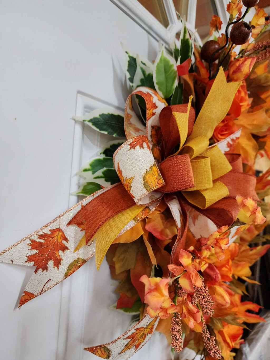Handmade Fall Wreath Orange Maple Leaves Velvet Pumpkins Roses