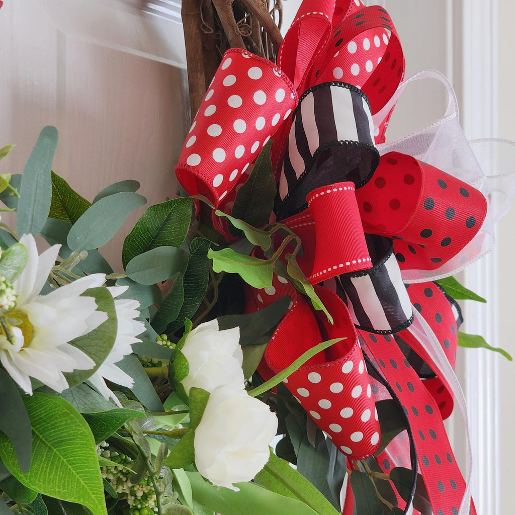 Red & White Summer Wreath, Front Door Decor, Farmhouse Floral Wreath with Bold Bow
