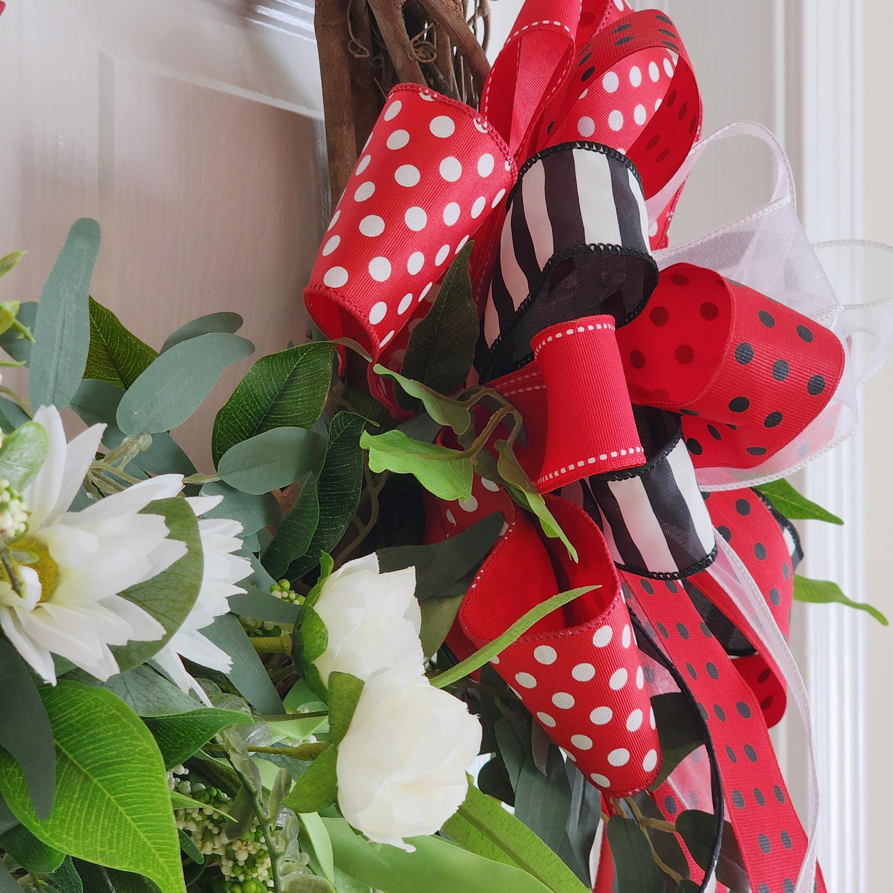 Red & White Summer Wreath, Front Door Decor, Farmhouse Floral Wreath with Bold Bow
