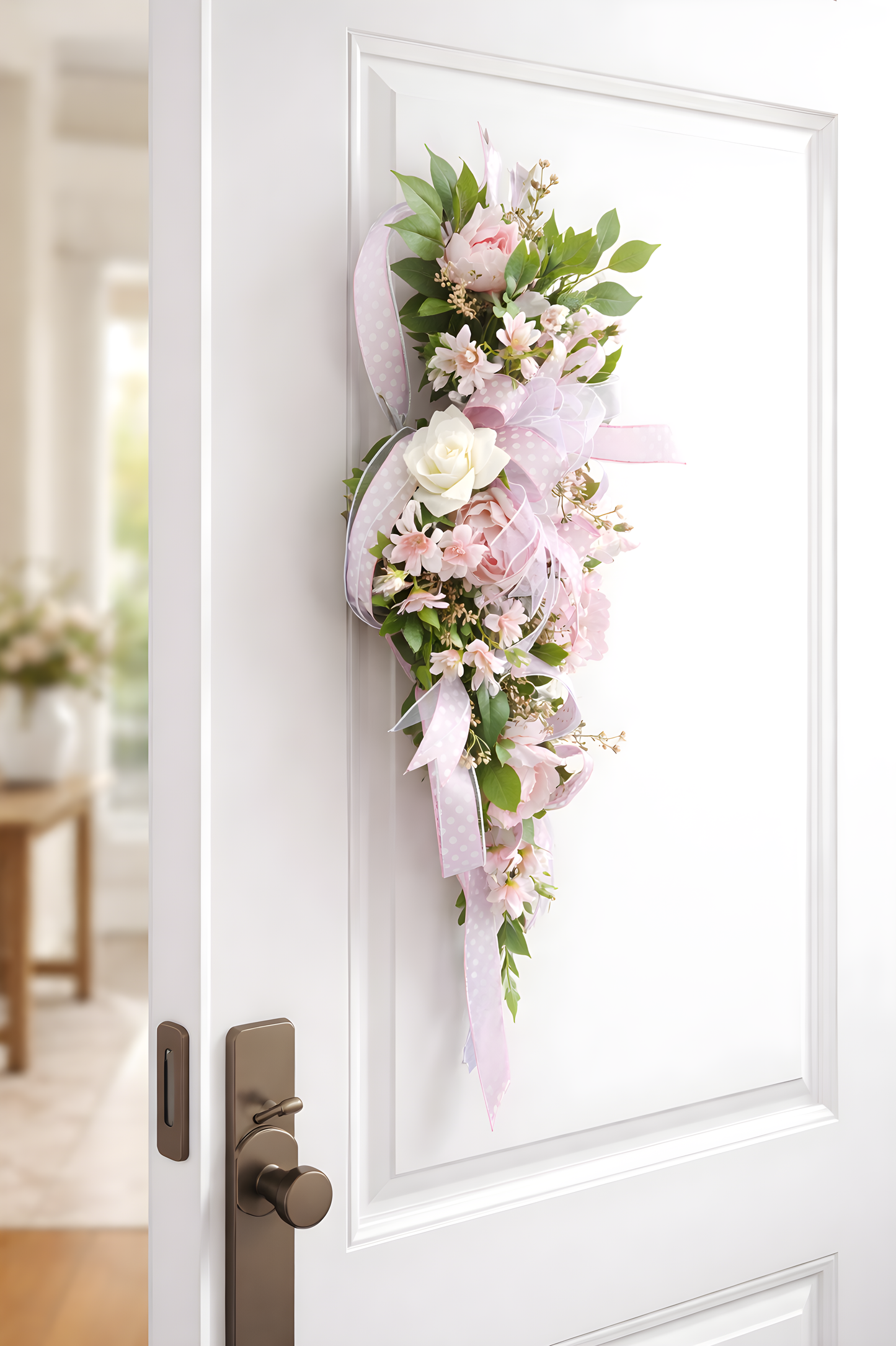 Pink Floral Door Swag, Spring Teardrop Wreath, Pink Rose Door Hanger, Romantic Floral Swag, Front Door Decor