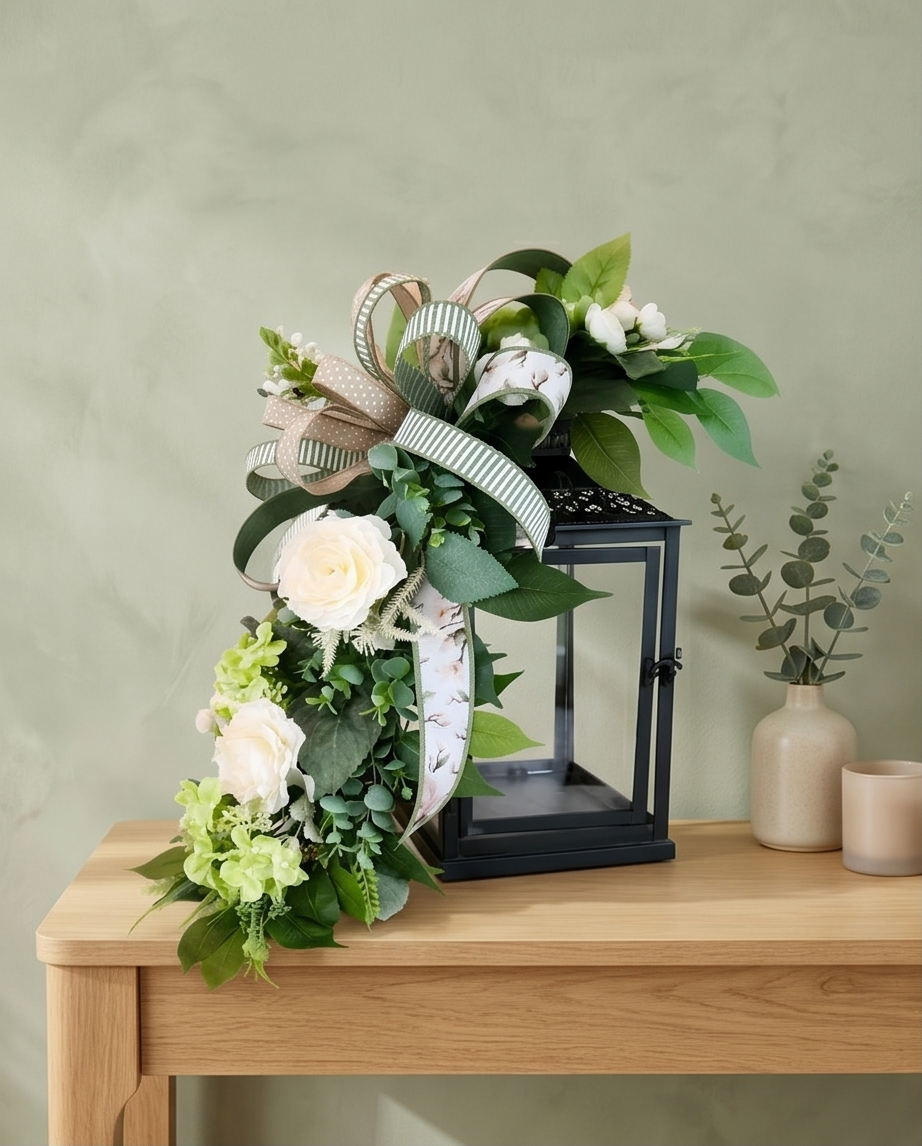 Neutral Greenery Lantern Swag, Cream Floral Sage Ribbon Accent, Farmhouse Door Decor