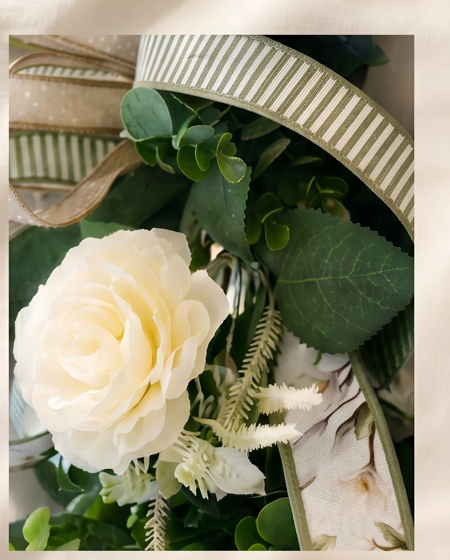 Neutral Greenery Lantern Swag, Cream Floral Sage Ribbon Accent, Farmhouse Door Decor