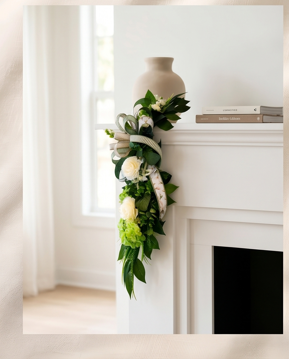 Neutral Greenery Lantern Swag, Cream Floral Sage Ribbon Accent, Farmhouse Door Decor