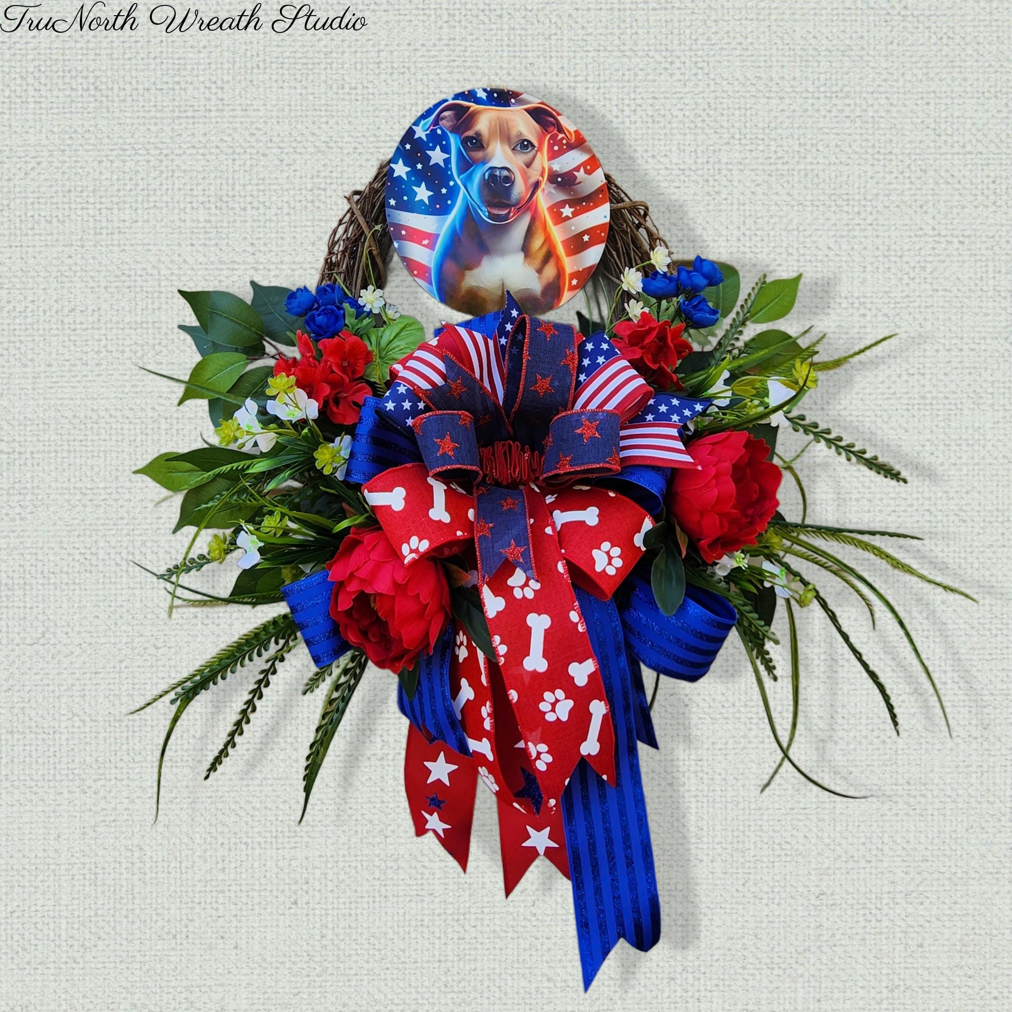 Patriotic Pittie Wreath American Flag Pit Bull Swag with FREE Matching Mailbox Bow