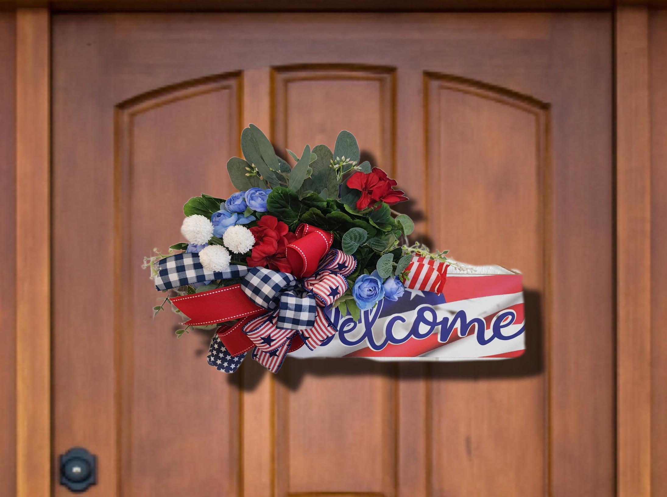 Patriotic Welcome Door Hanger – Red White and Blue Memorial Day & July 4th Decor