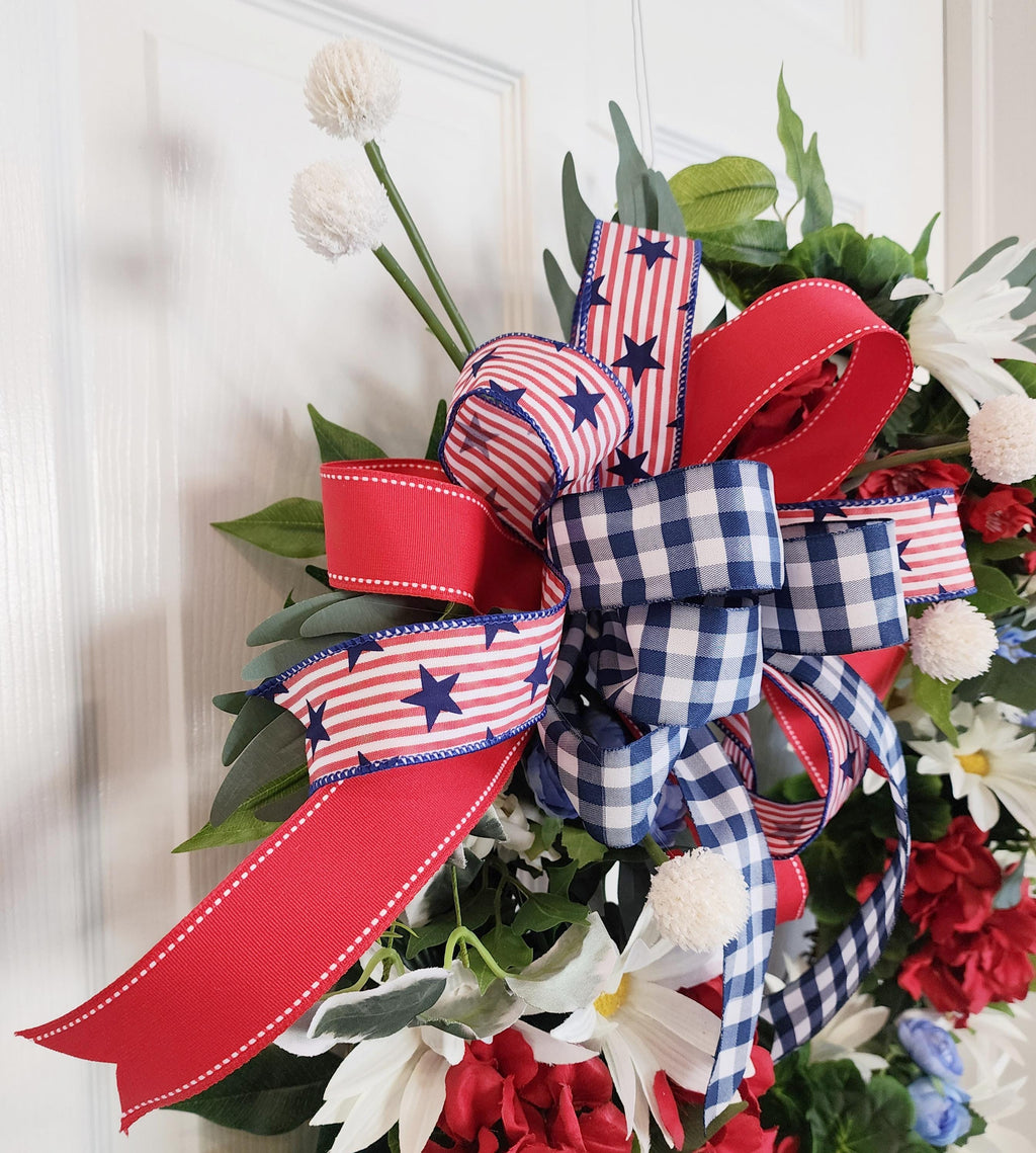 Patriotic Grapevine Wreath – Red White Blue Florals, Memorial Day July 4th Decor