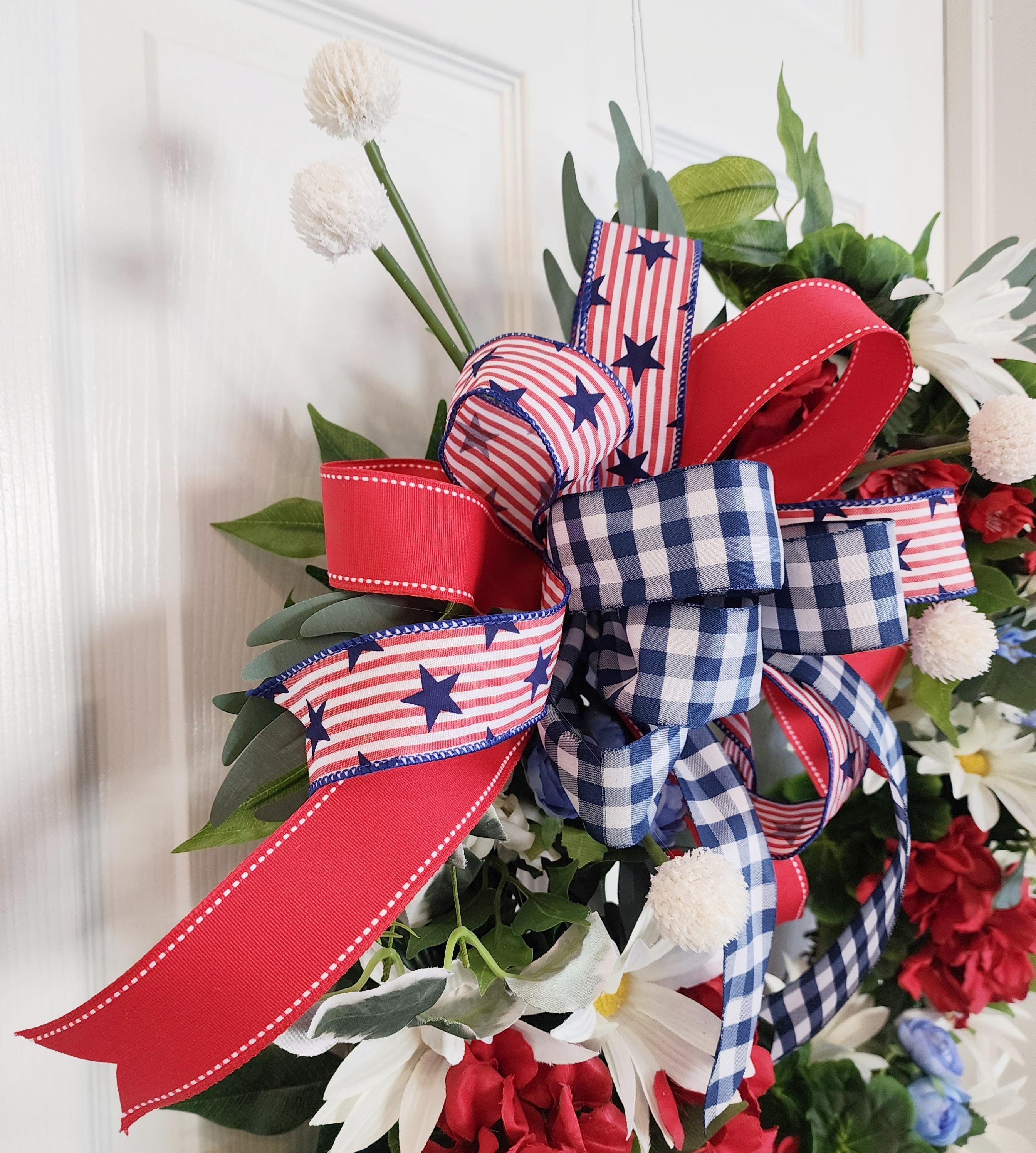 Patriotic Grapevine Wreath – Red White Blue Florals, Memorial Day July 4th Decor
