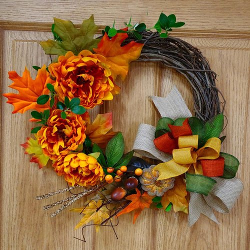 Fall Grapevine Wreath Orange Peonies Maple Leaves Bow Thanksgiving Door Decor