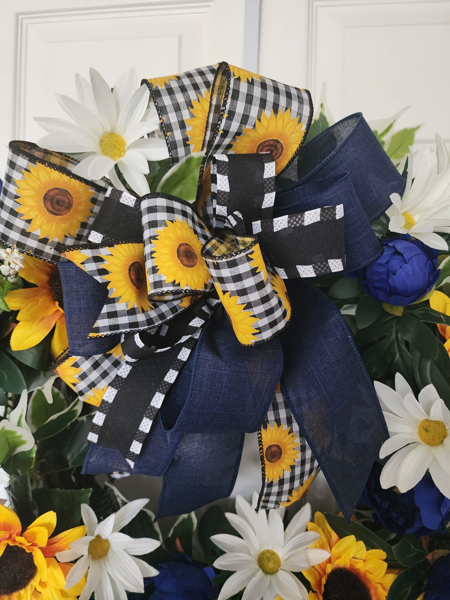 Sunflower Peony Wreath: Blue, Yellow, White Floral Door Decor (23")