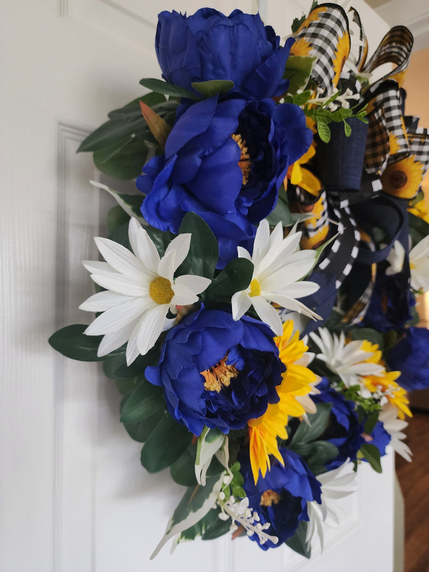 Sunflower Peony Wreath: Blue, Yellow, White Floral Door Decor (23")