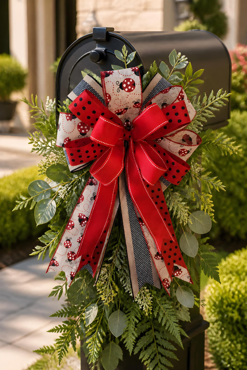 Ladybug Ribbon Bow, Farmhouse Door Decor Accent, Spring Summer Lantern Swag