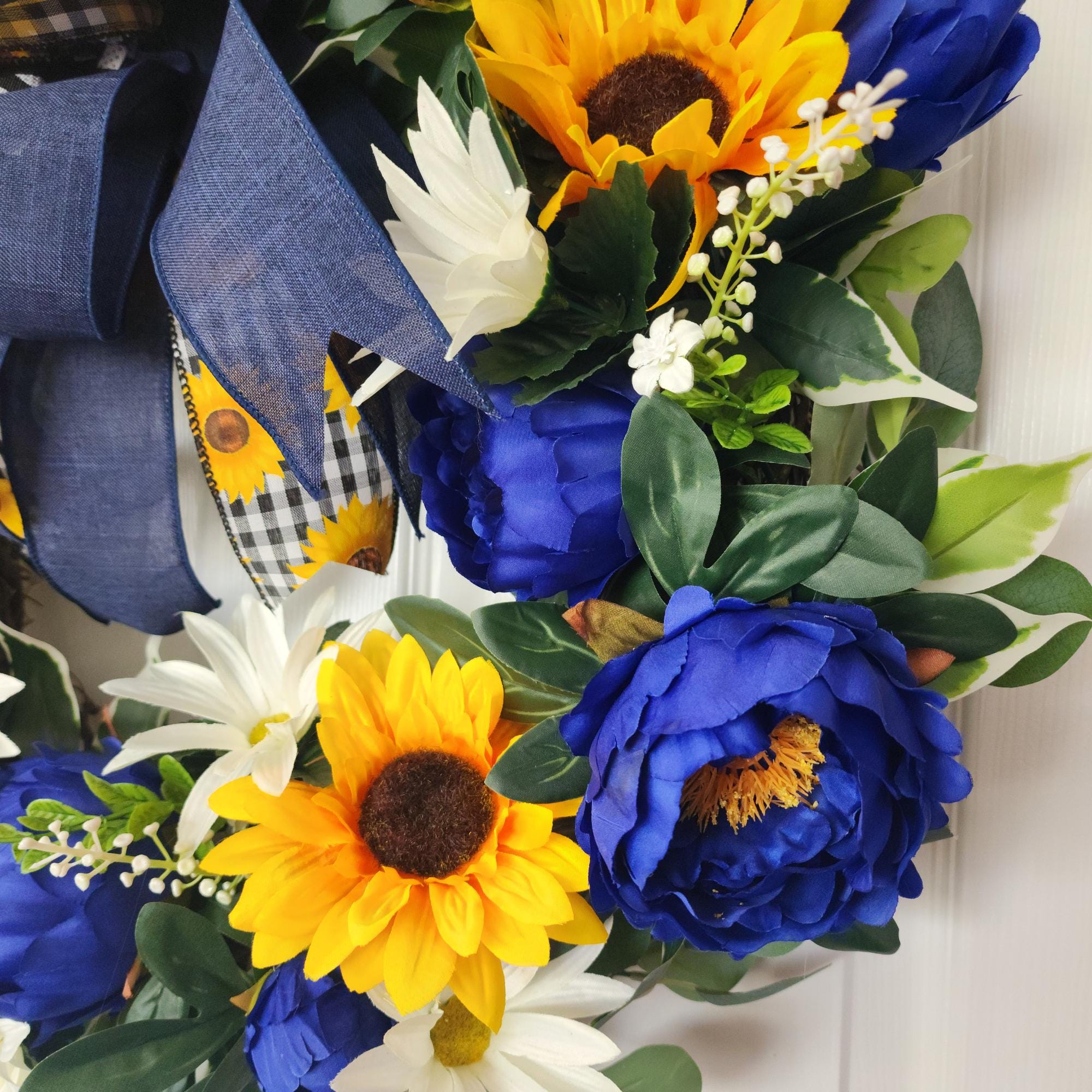 Sunflower Peony Wreath: Blue, Yellow, White Floral Door Decor (23")