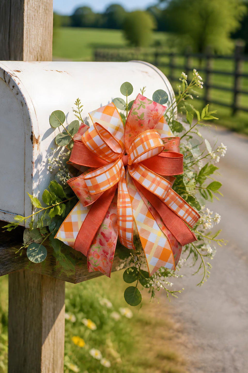 Coral Orange Plaid Floral Bow, Farmhouse Lantern Swag Accent, Spring Summer Decor