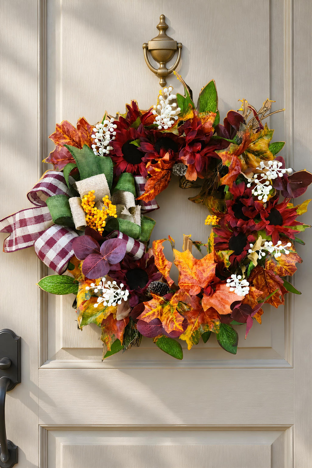 Burgundy Sunflower Maple Leaf Wreath, Rustic Farmhouse Fall Door Decor
