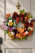 Burgundy Sunflower Maple Leaf Wreath, Rustic Farmhouse Fall Door Decor
