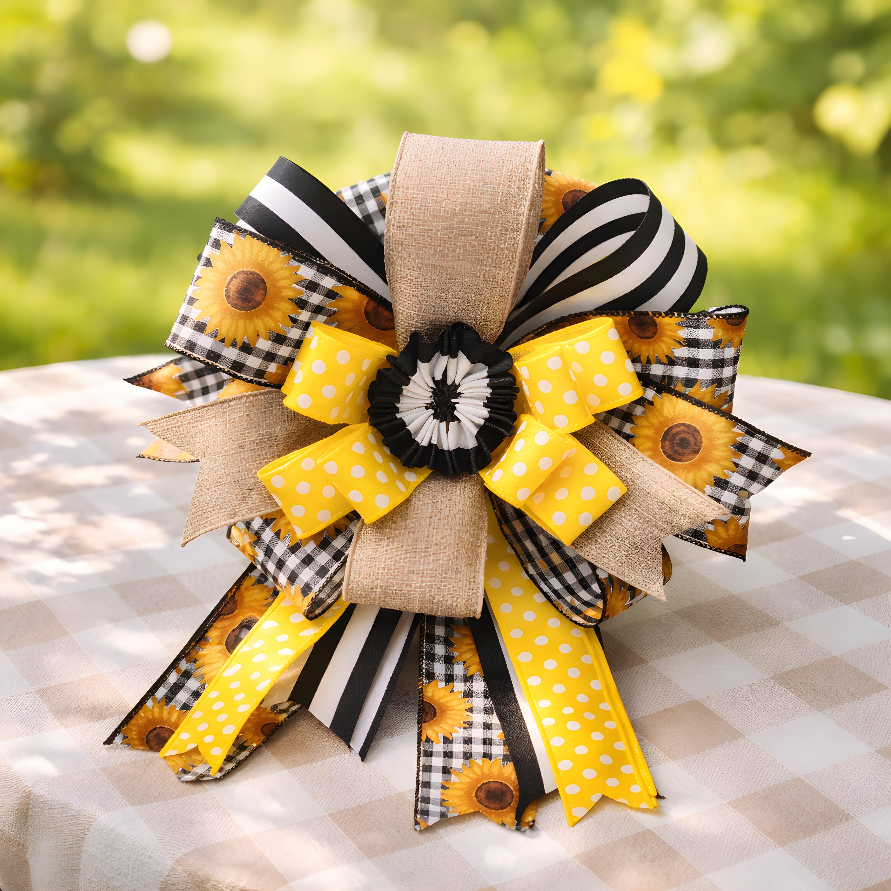 Sunflower Ribbon Bow, Farmhouse Door Decor Accent, Spring Summer Lantern Bow