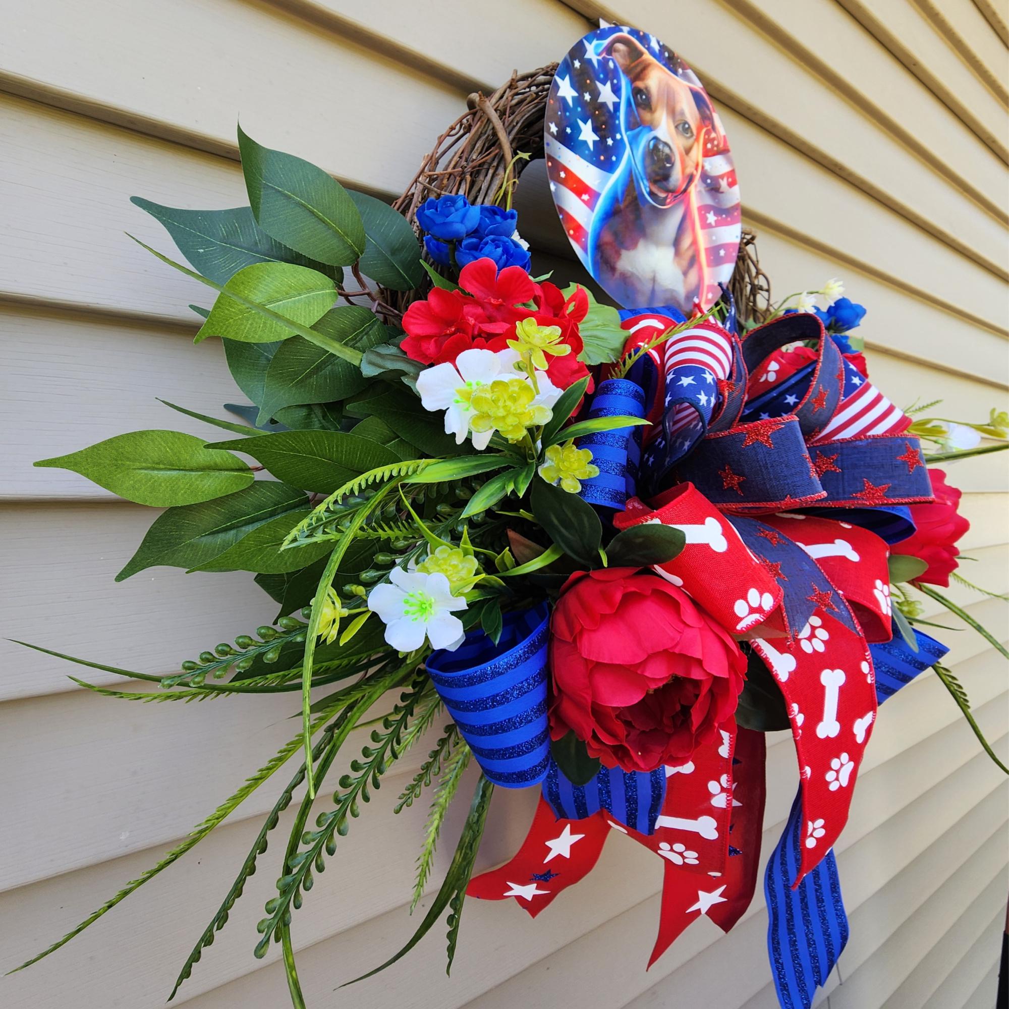 Patriotic Pittie Wreath American Flag Pit Bull Swag with FREE Matching Mailbox Bow