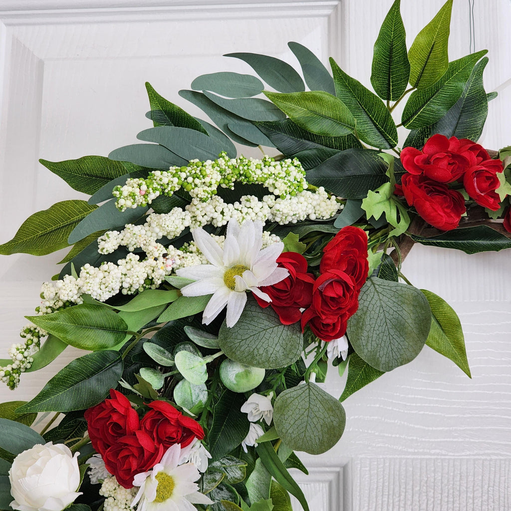 Red & White Summer Wreath, Front Door Decor, Farmhouse Floral Wreath with Bold Bow