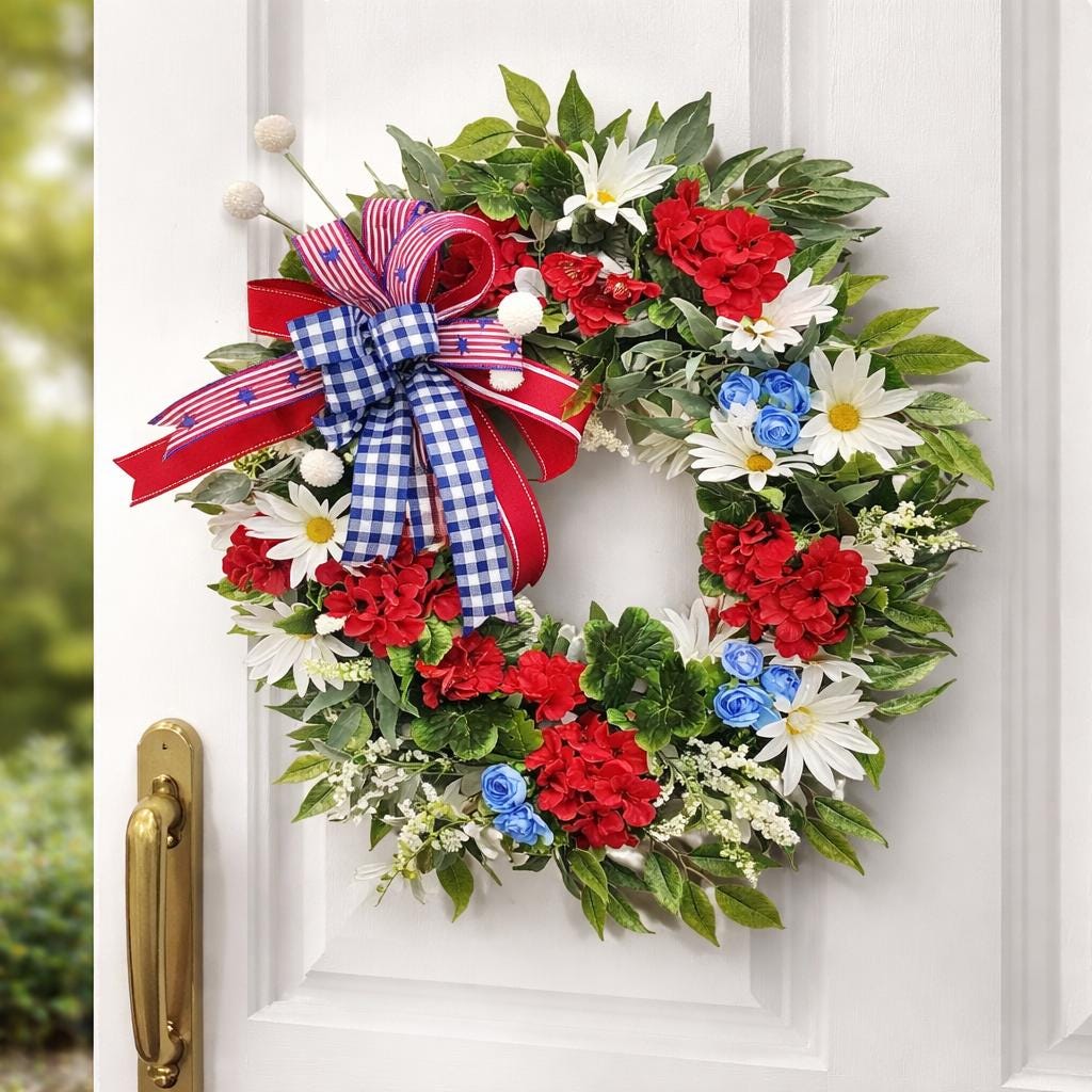 Patriotic Grapevine Wreath – Red White Blue Florals, Memorial Day July 4th Decor