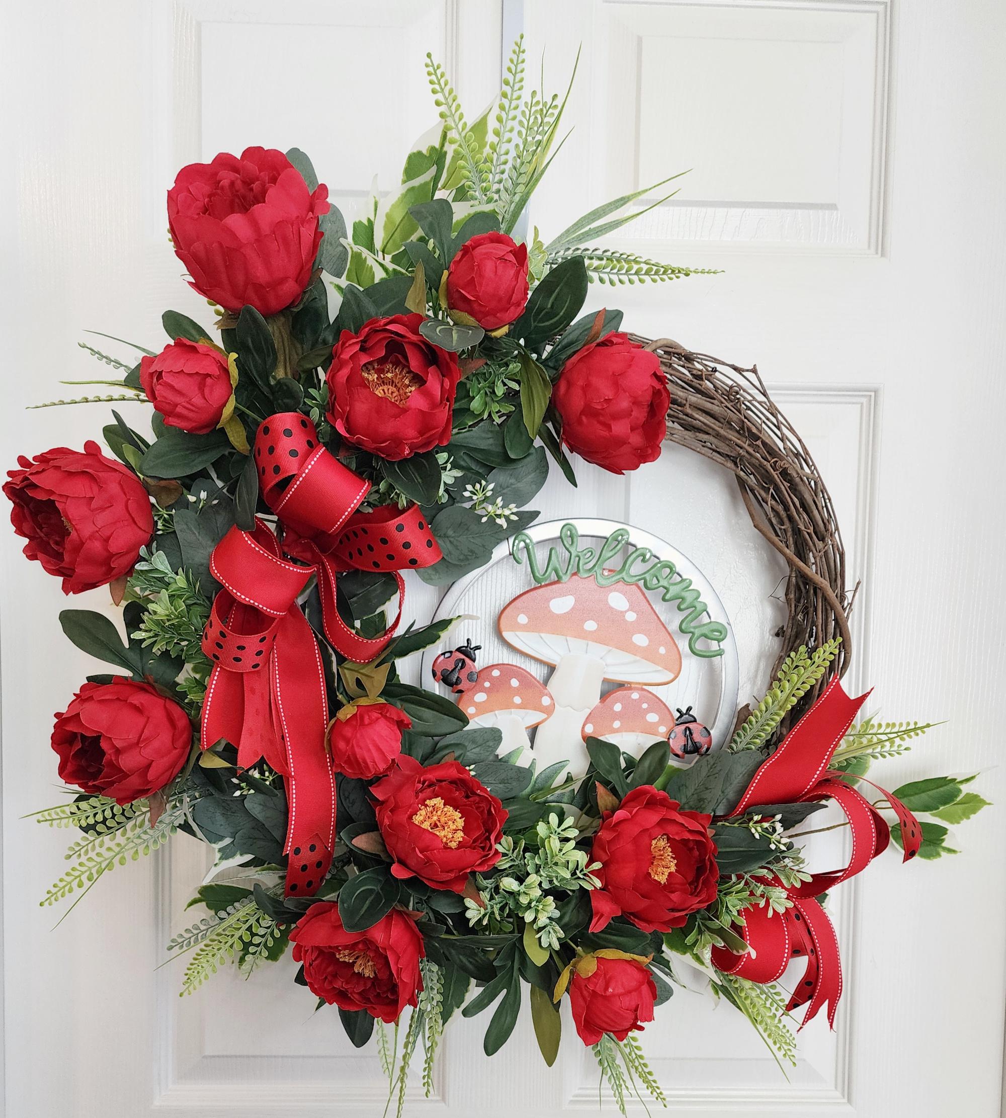 Red Peonies and Ladybugs Wreath