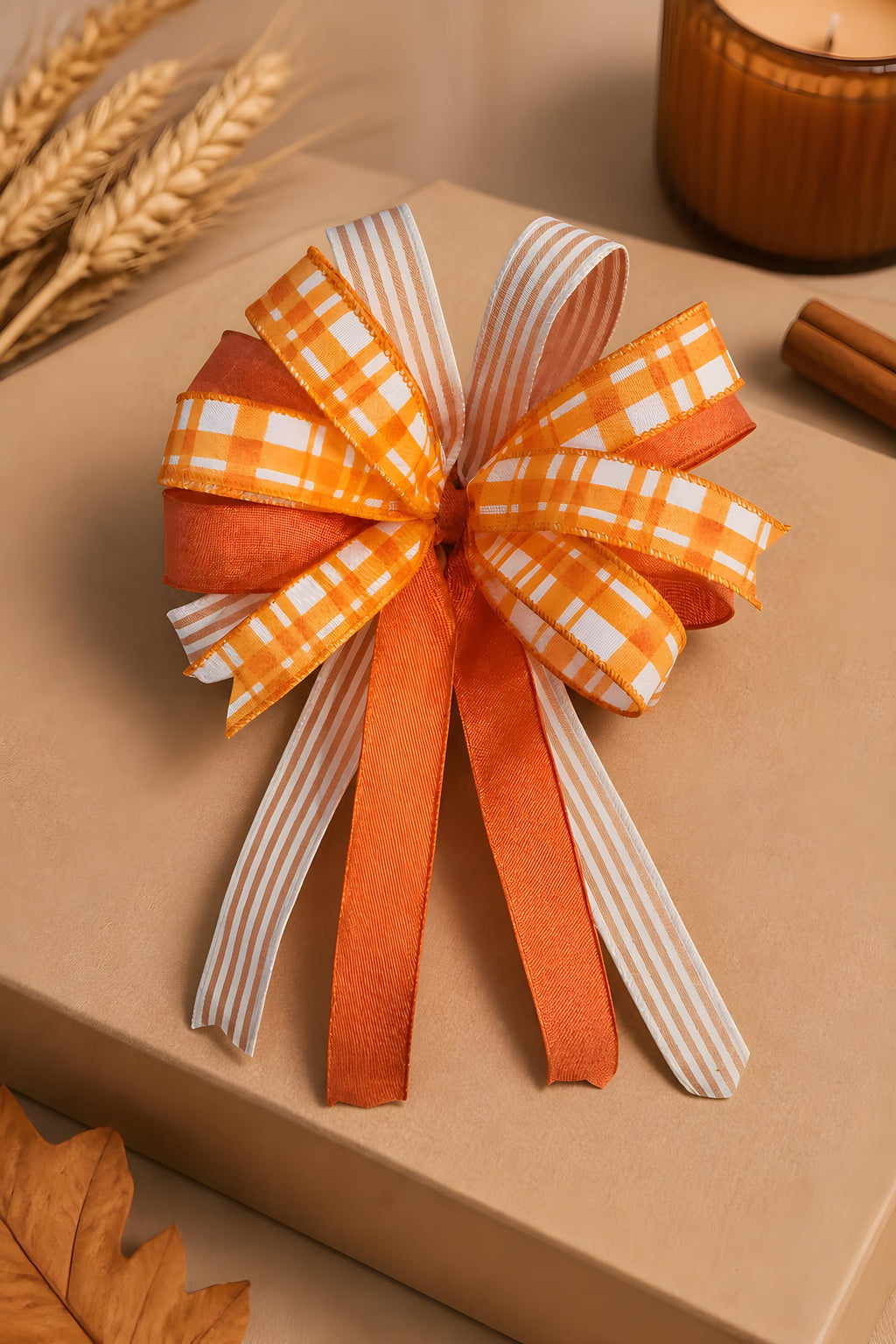 Handcrafted Orange Stripe Plaid Bow, Farmhouse Lantern Swag Accent