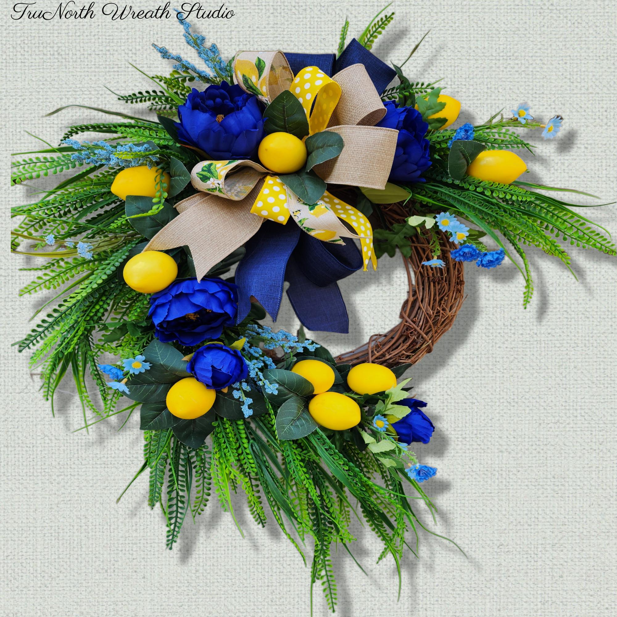 Lemons and Navy Floral Wreath, Summer Citrus Door Decor, Farmhouse Entry Swag
