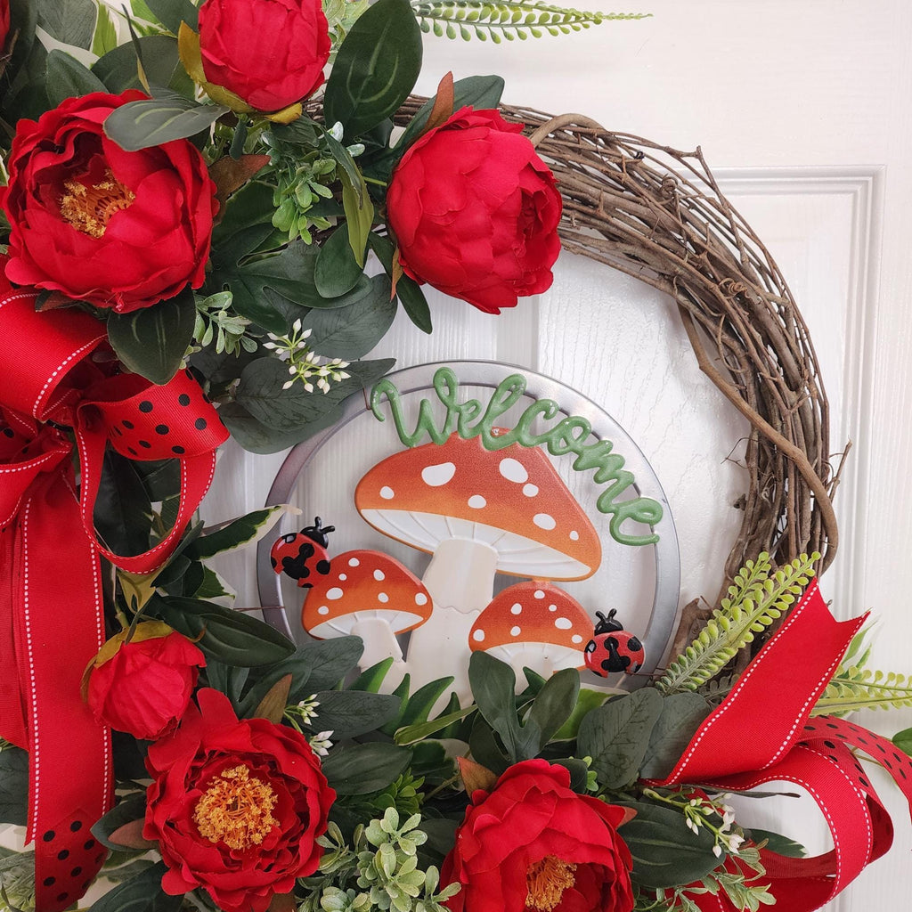 Red Peonies and Ladybugs Wreath