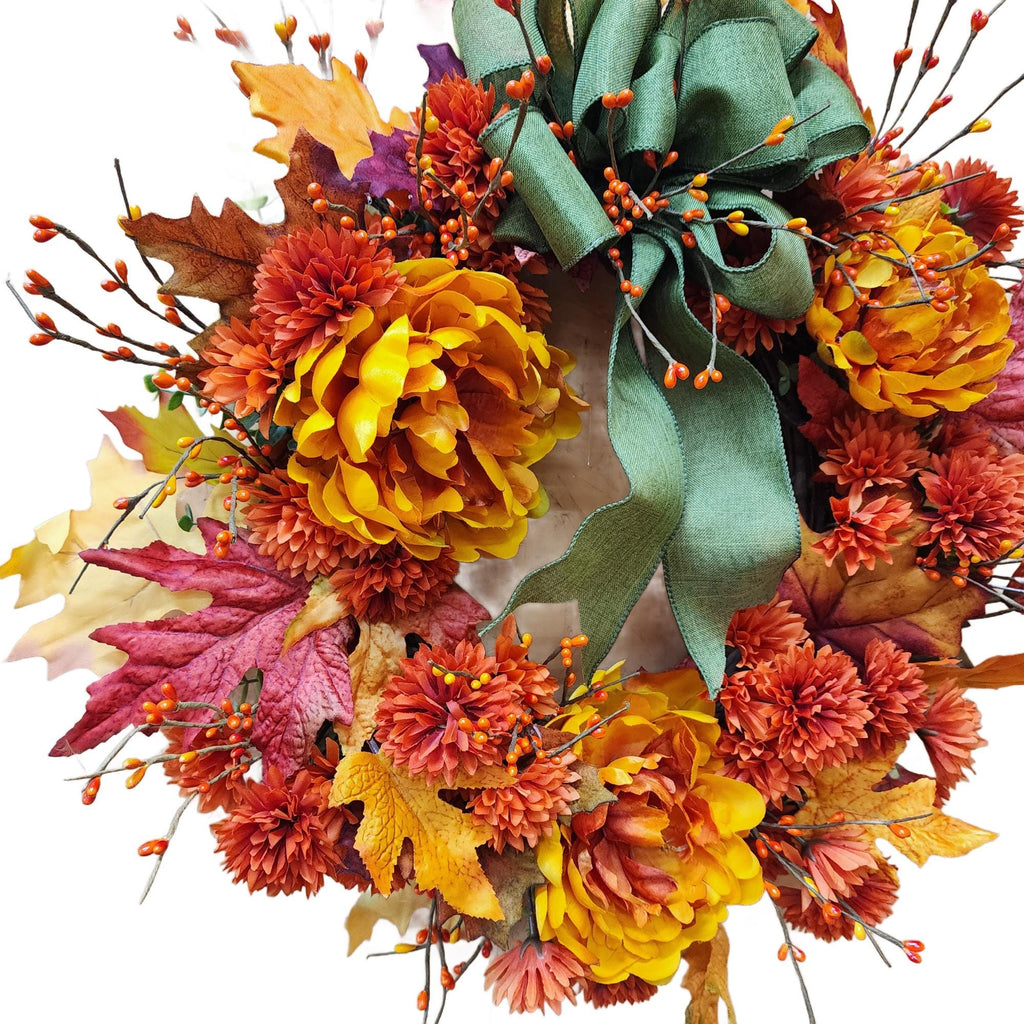 Harvest Wreath, Orange Floral Fall Door Decor, Maple Leaf Autumn Wreath