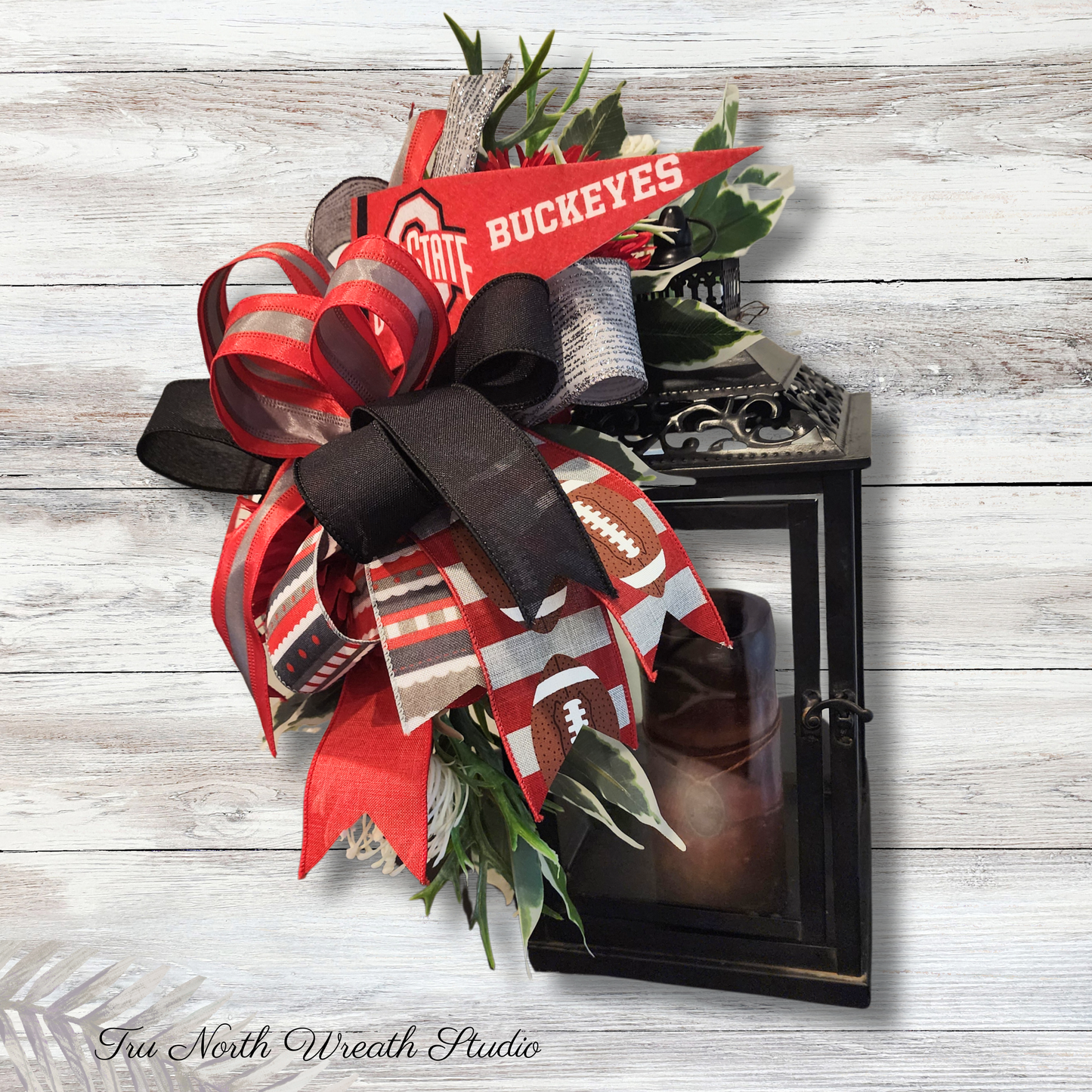 Scarlet & Gray Football Lantern Topper | Handmade Football Bow | Game Day Lantern Swag | Front Porch Football Decor | Tailgate Decoration