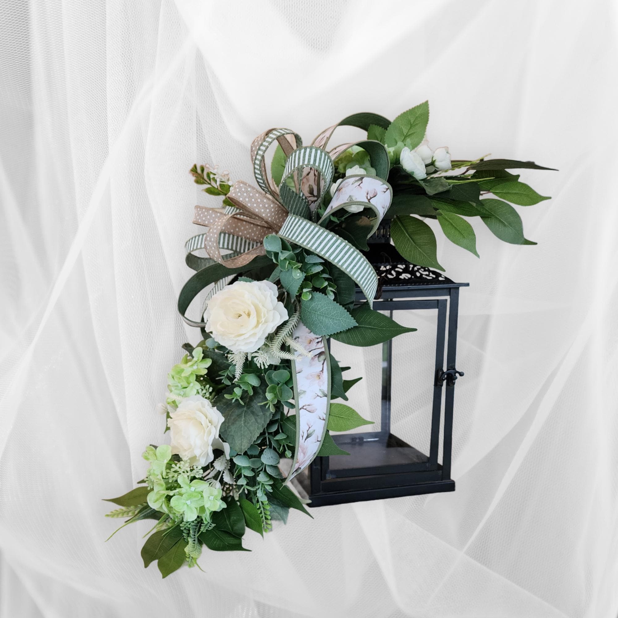 Neutral Greenery Lantern Swag | Cream Floral Accent, Sage Ribbon, Farmhouse Decor