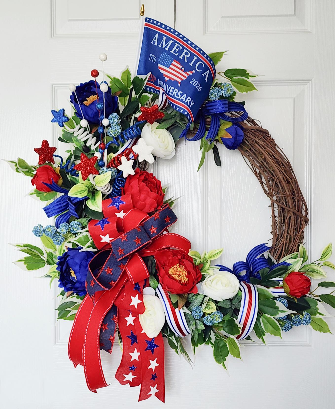 Patriotic Floral Wreath 250th Anniversary with Free Matching Mailbox Bow