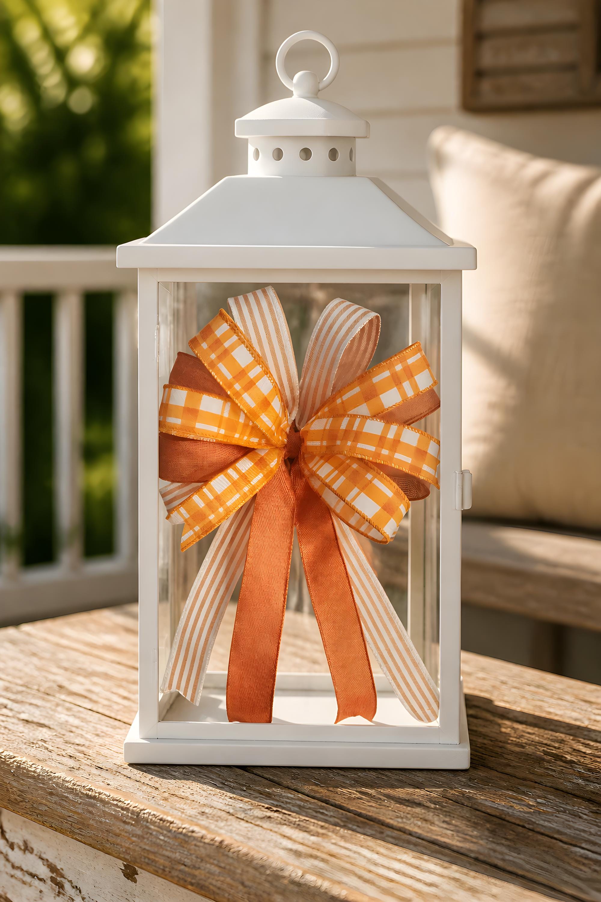 Handcrafted Orange Stripe Plaid Bow, Farmhouse Lantern Swag Accent