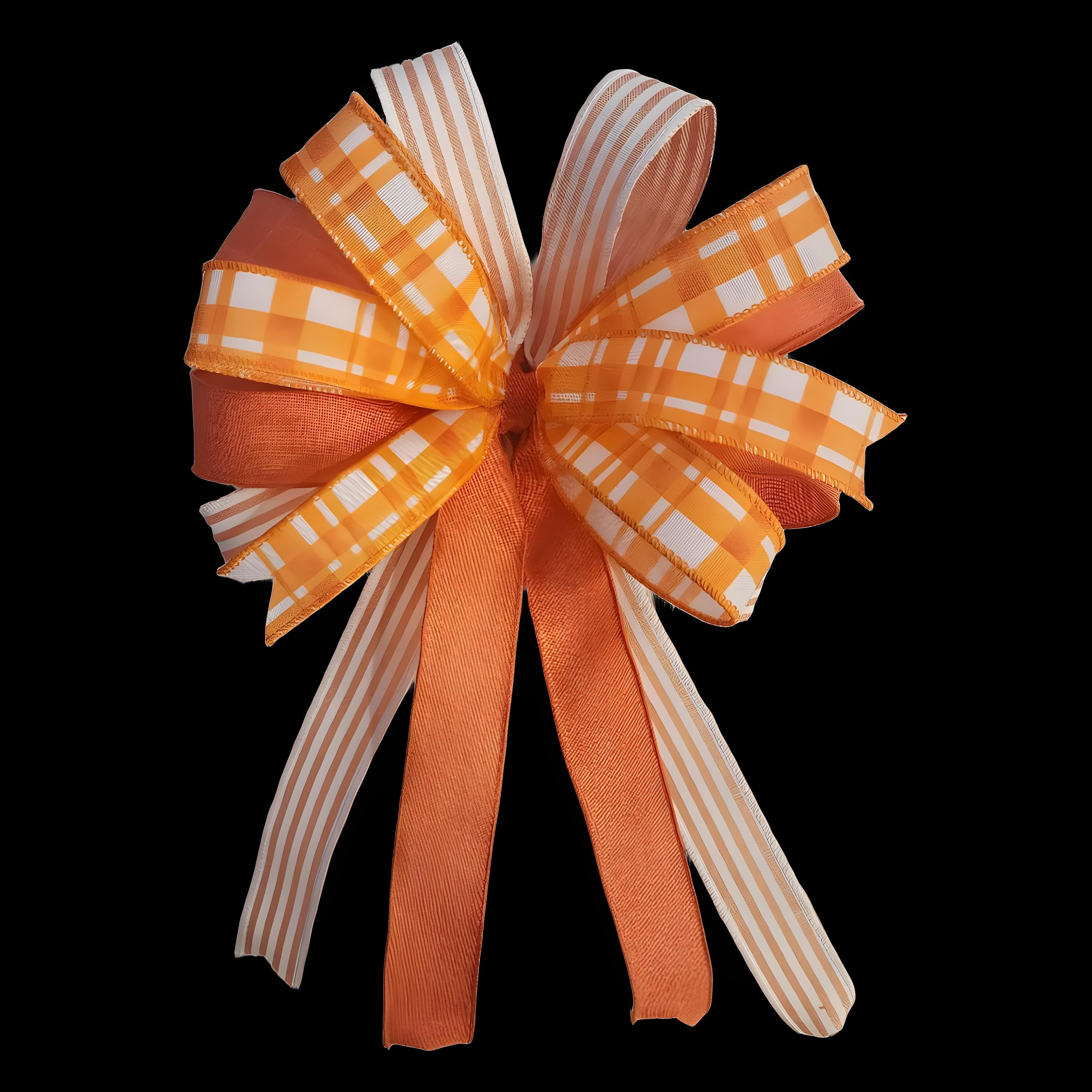Handcrafted Orange Stripe Plaid Bow, Farmhouse Lantern Swag Accent