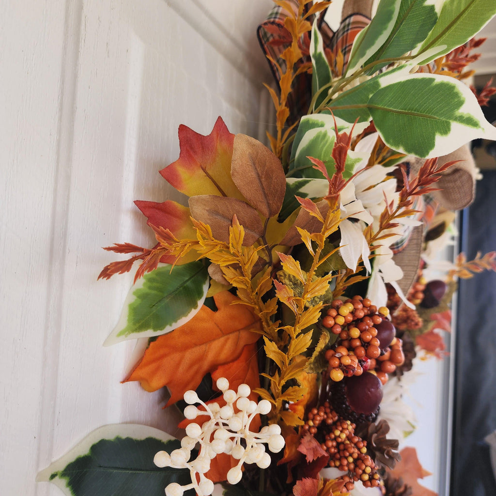 Plaid Bow Farmhouse Fall Grapevine Wreath Orange & Cream Florals Autumn Door Country Wreath