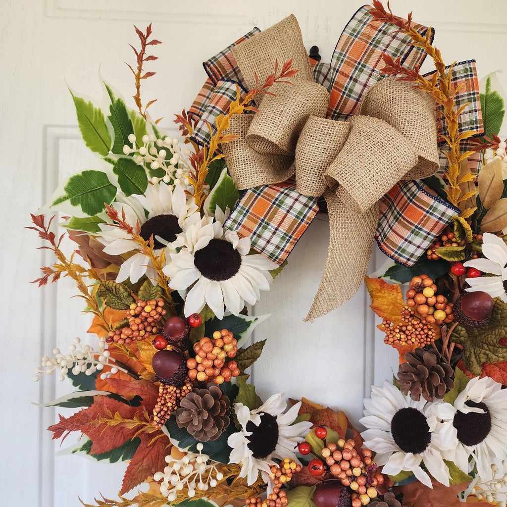 Plaid Bow Farmhouse Fall Grapevine Wreath Orange & Cream Florals Autumn Door Country Wreath