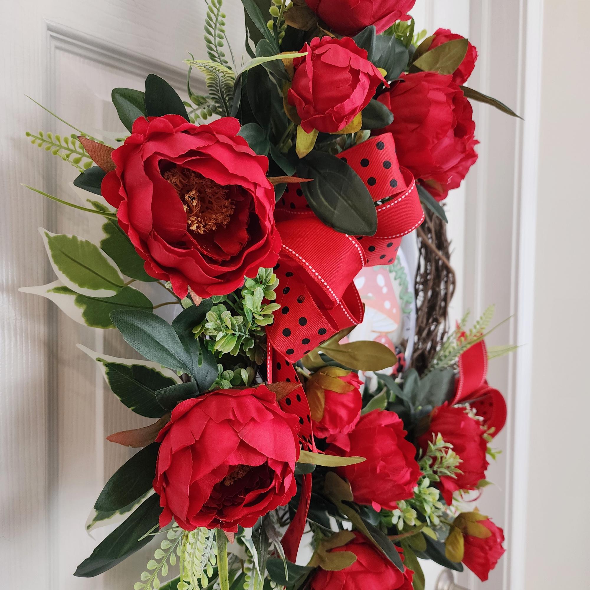 Red Peonies and Ladybugs Wreath