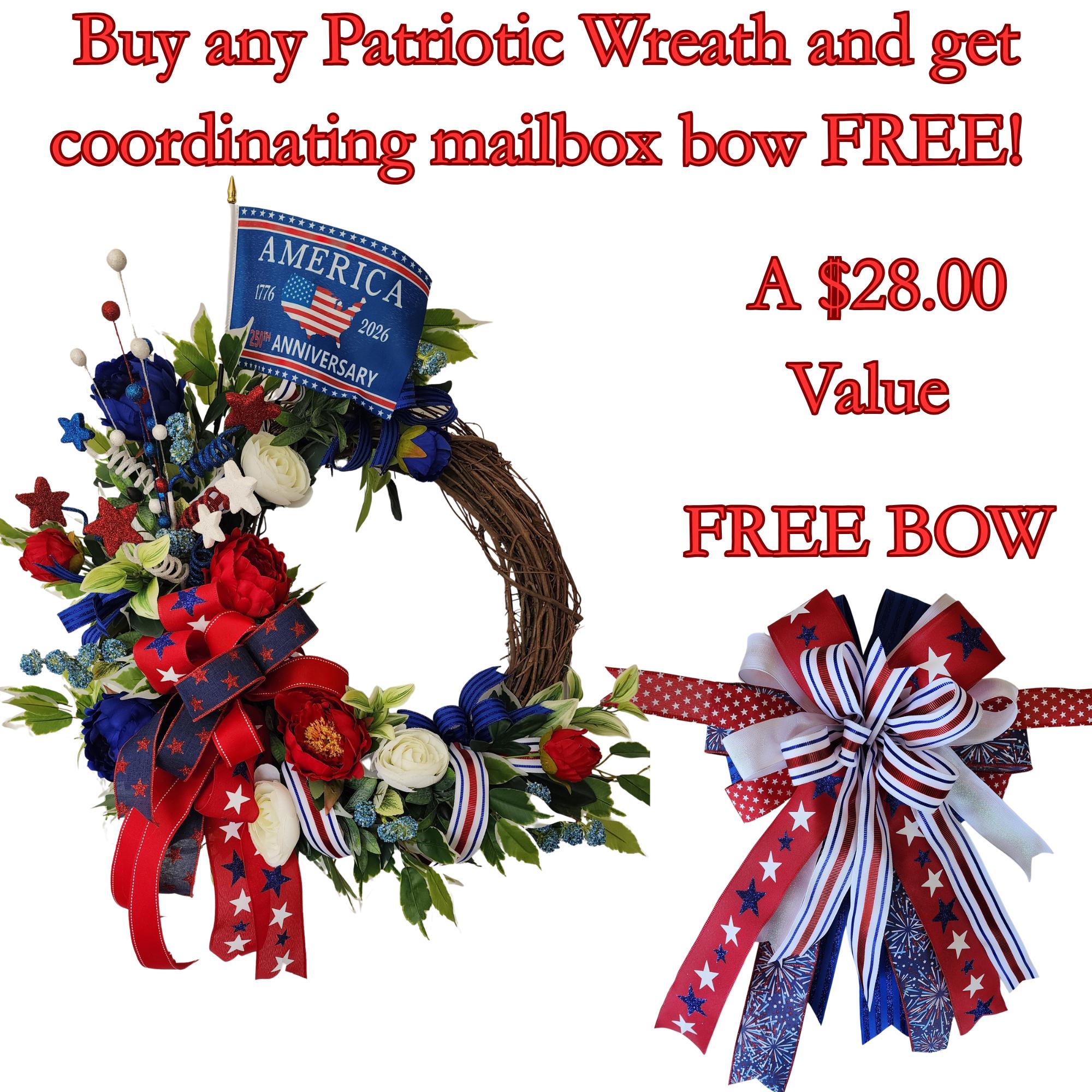 Patriotic Floral Wreath 250th Anniversary with Free Matching Mailbox Bow