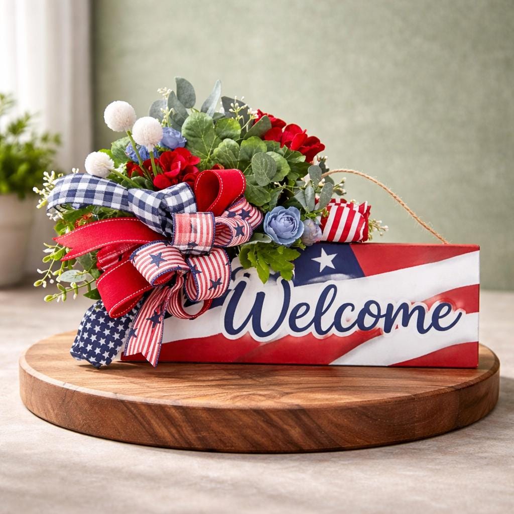 Patriotic Welcome Door Hanger – Red White and Blue Memorial Day & July 4th Decor