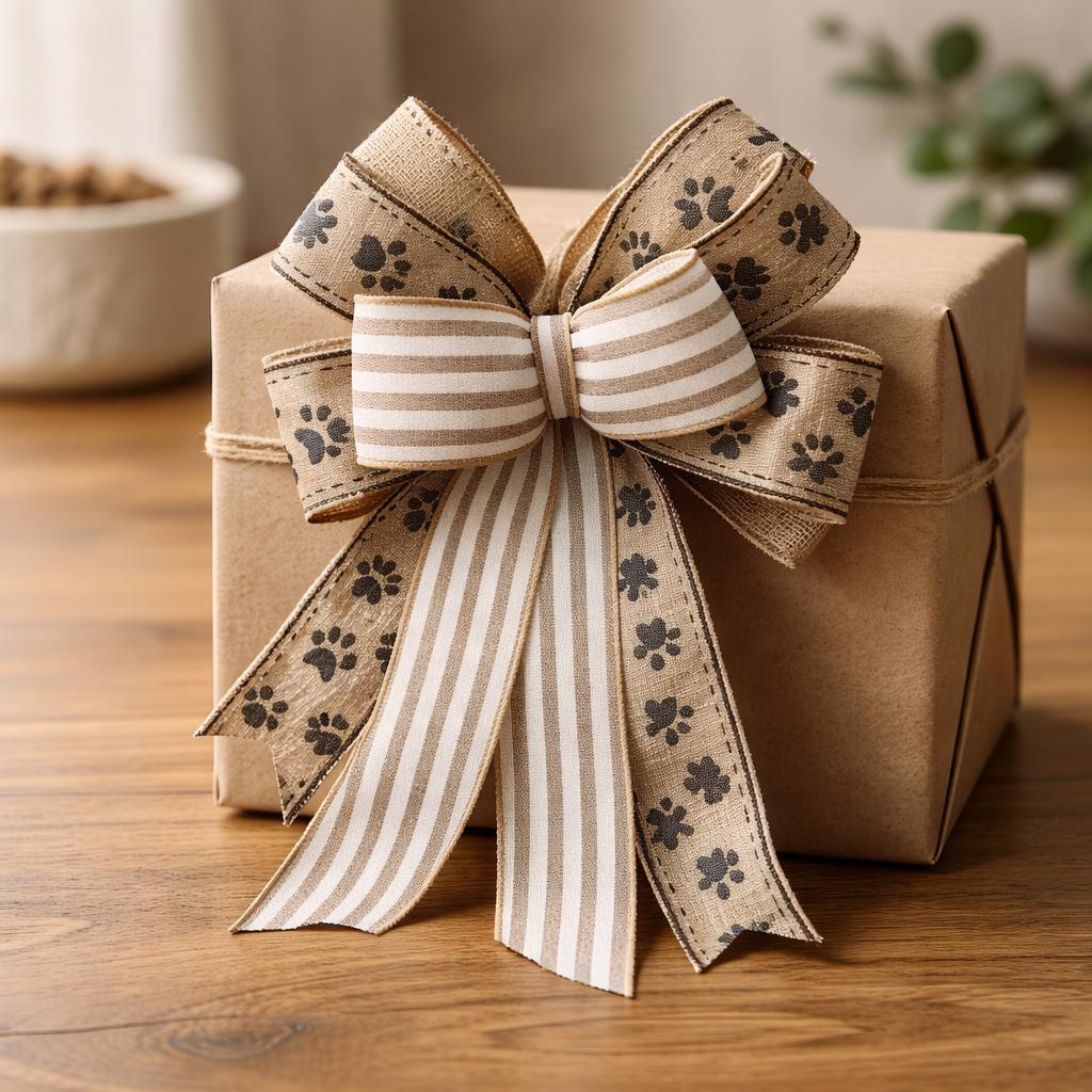Neutral Dog Paw Print Burlap Bow, Farmhouse Wreath Accent Ribbon