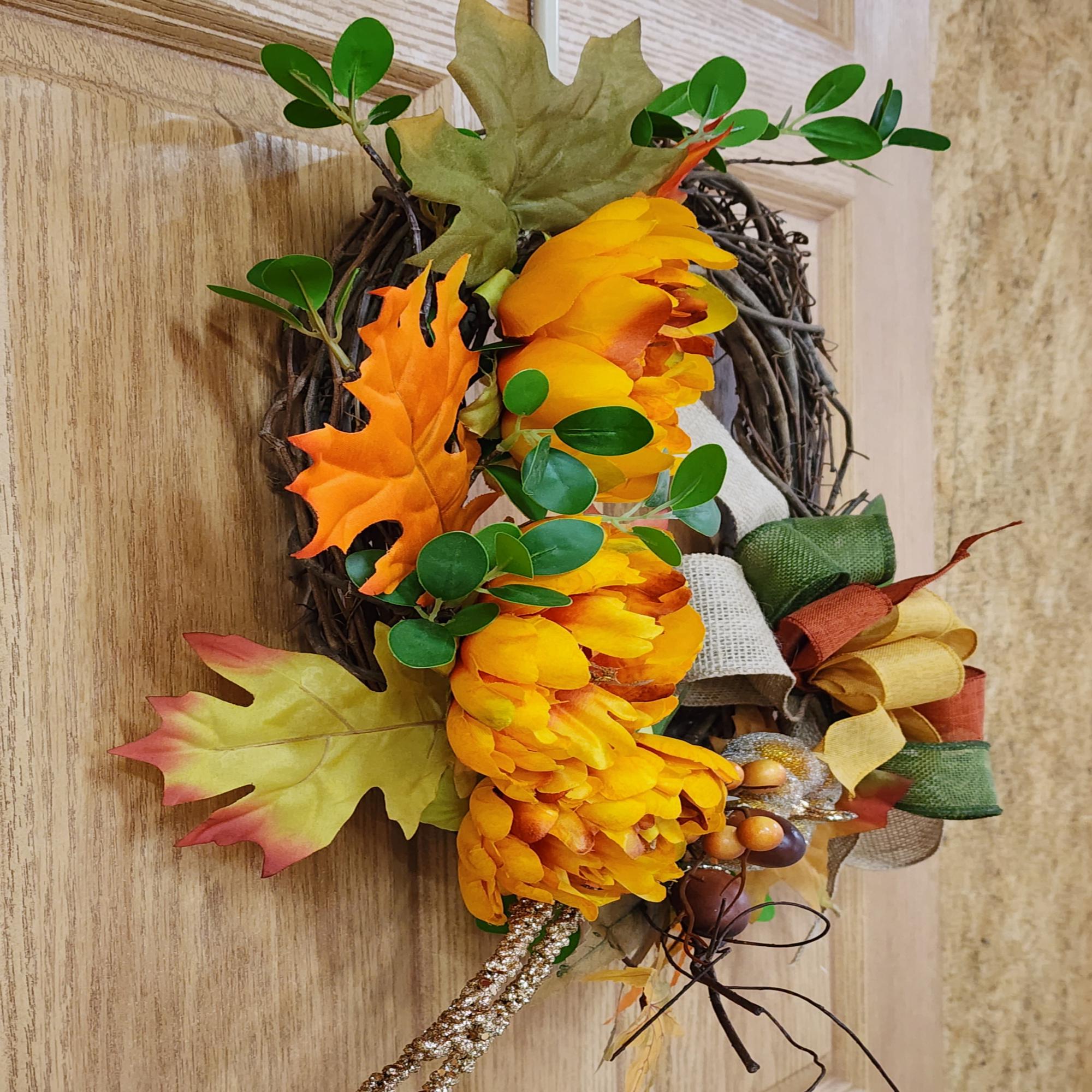 Fall Grapevine Wreath Orange Peonies Maple Leaves Bow Thanksgiving Door Decor