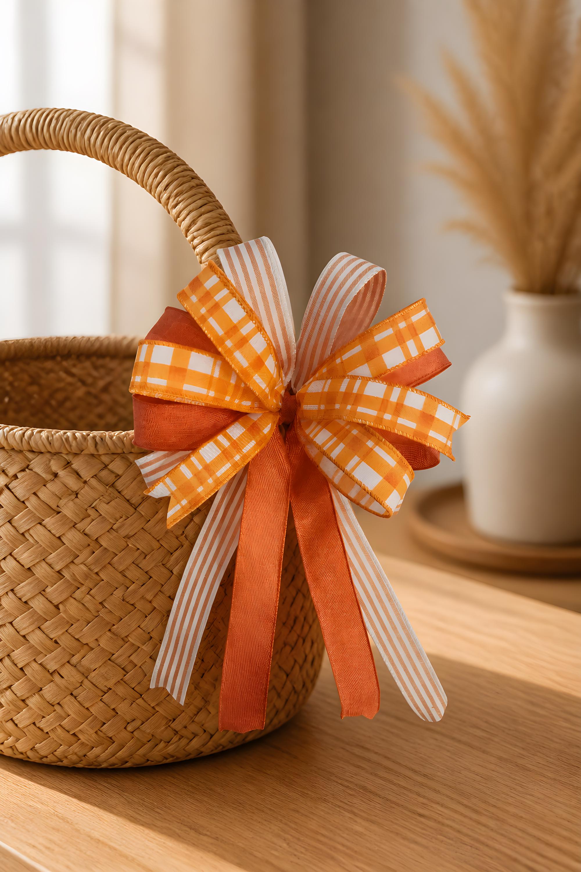 Handcrafted Orange Stripe Plaid Bow, Farmhouse Lantern Swag Accent