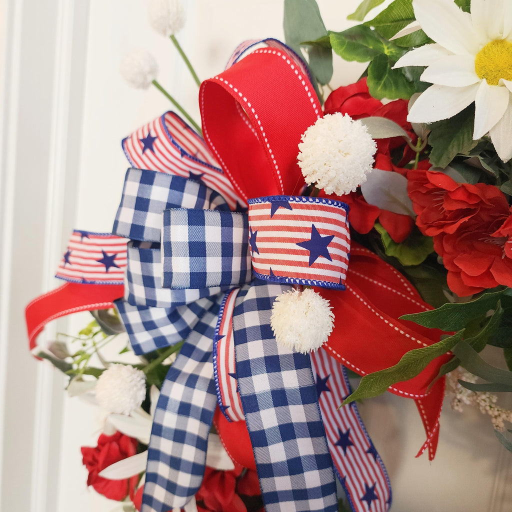 Patriotic Grapevine Wreath – Red White Blue Florals, Memorial Day July 4th Decor