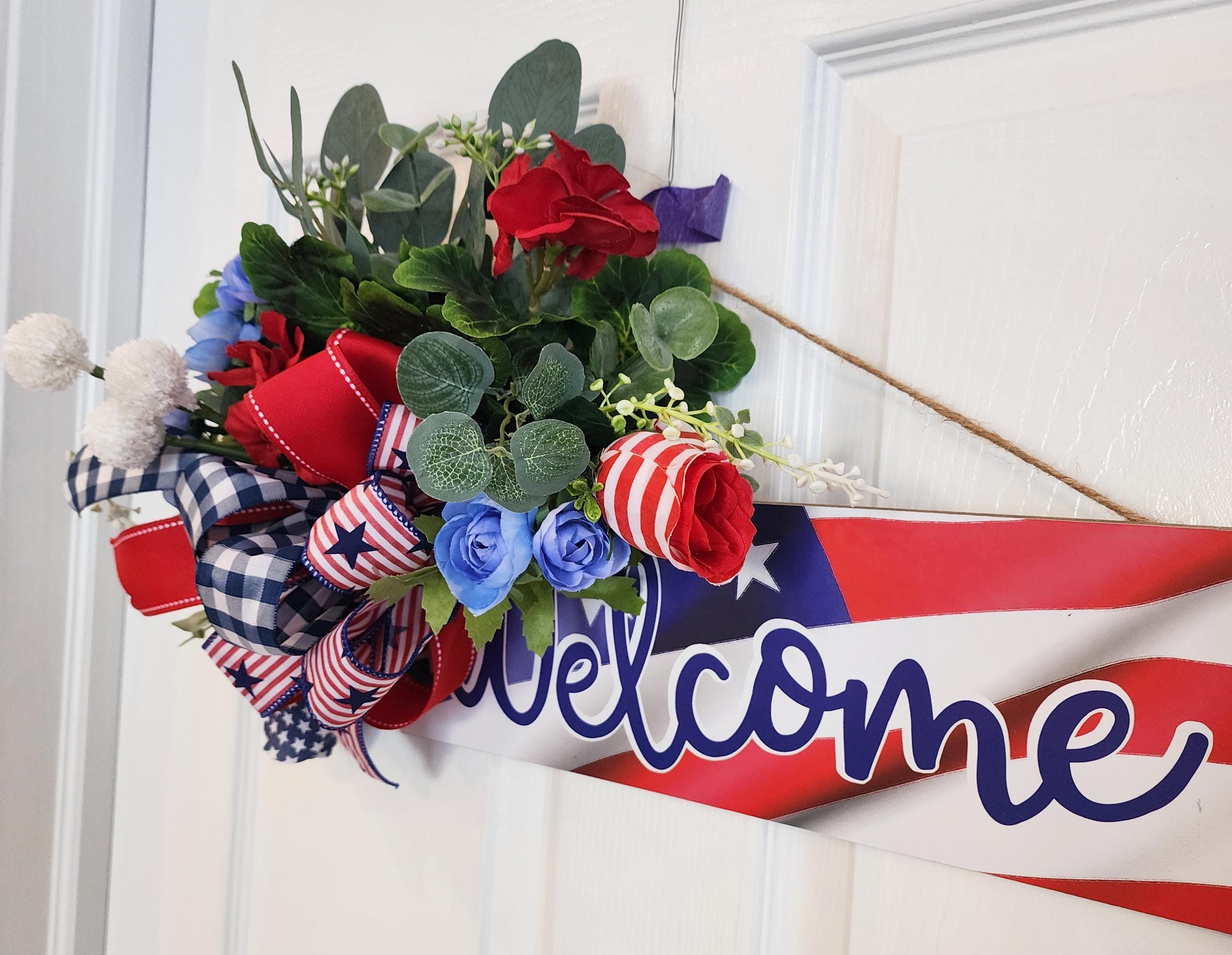 Patriotic Welcome Door Hanger – Red White and Blue Memorial Day & July 4th Decor